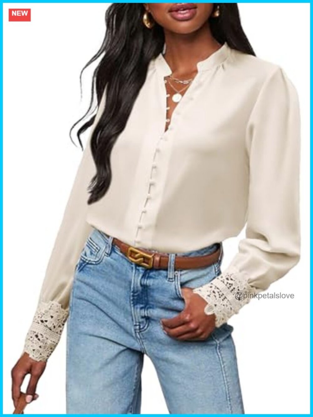Women's Lace Cuff Chiffon Button Down Blouse Long Sleeve Business Shirt